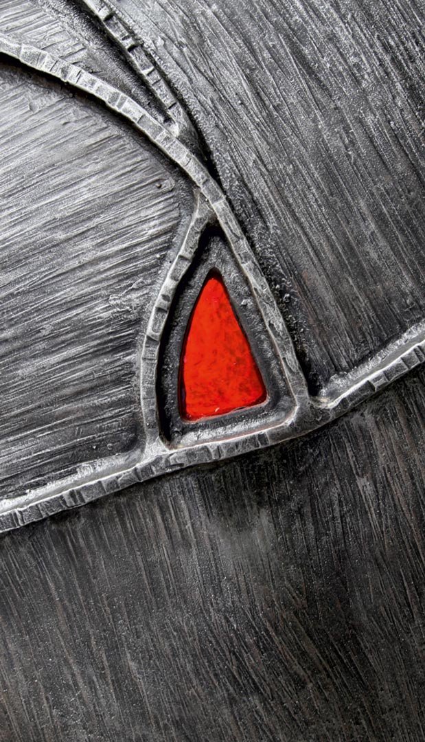 Forged metal gates, coated with hot zinc, painted, stained glass.