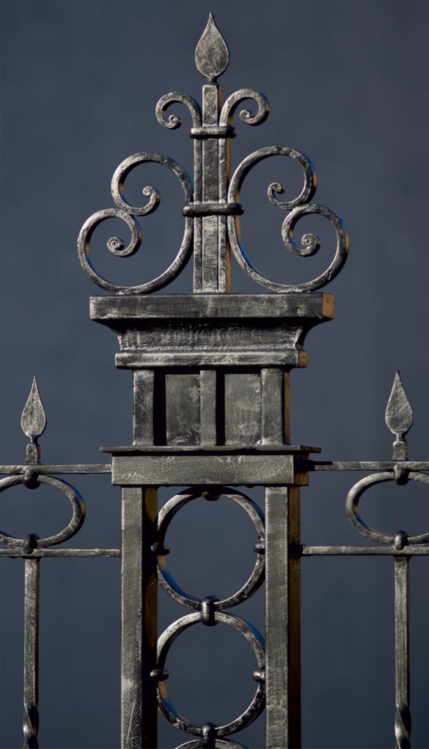 GATES, FENCE, COLUMNS AND LIGHTS.