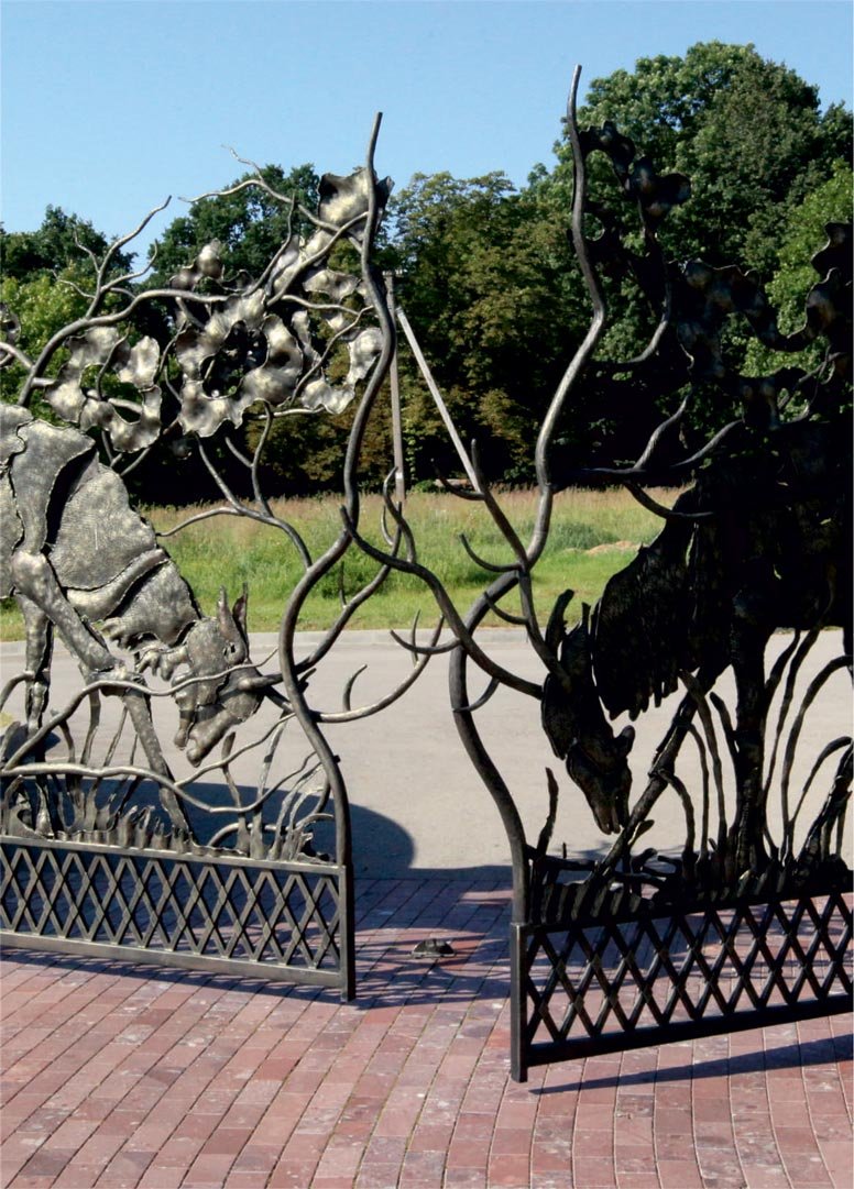 Forged metal, coated with hot zinc, painted