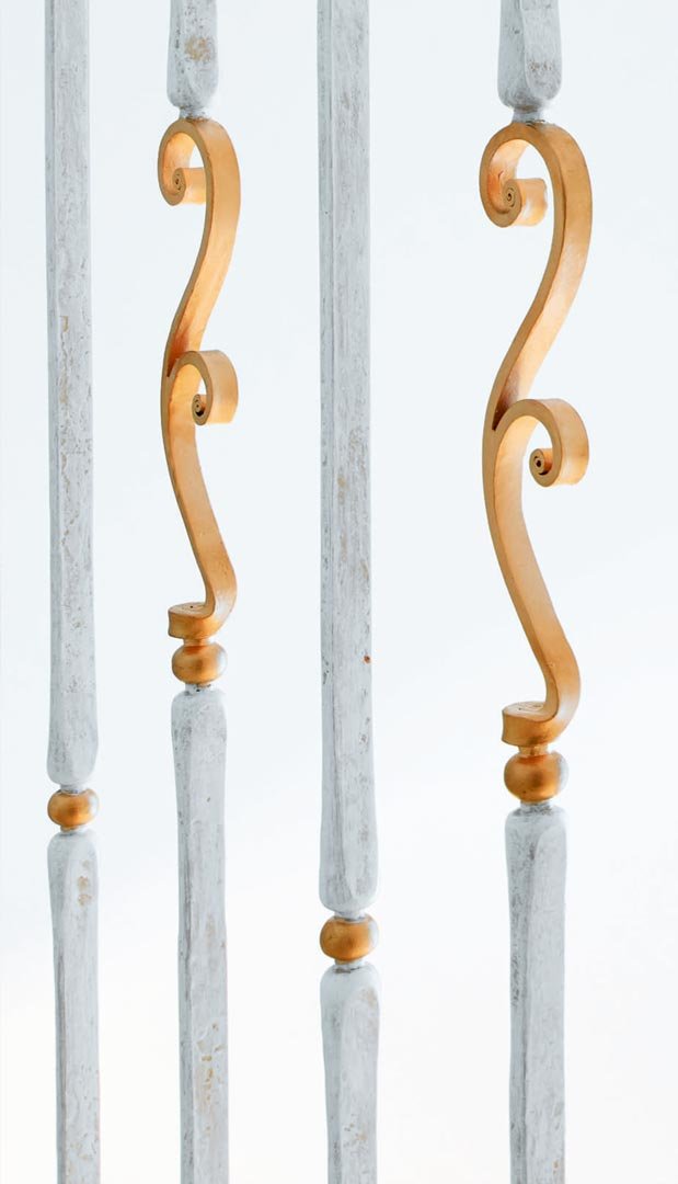 Steel constructions stairs, marble, forged metal, details coates with gold, wood armrest.